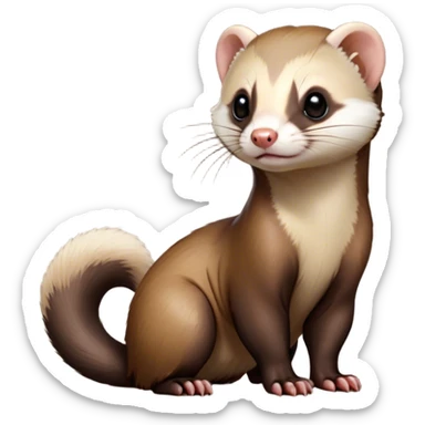 Cinematic Noble sable ferret Portrait Emoji, Poised and dignified, with a sleek, elongated body and a distinct sable ferret head featuring a pointed snout, small, rounded ears, and intelligent, beady eyes, covered in soft, sleek fur with natural brown and cream hues, Simplified yet sharp and sophisticated features, highly detailed, glowing with a warm, natural glow, high shine, exuding an air of quiet confidence, focused and watchful, soft glowing outline, capturing the essence of a clever and majestic sable ferret that feels as though it could leap from the screen with effortless grace! sticker
