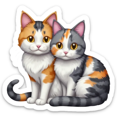 full body large dark grey and white cat cuddling a colourful light patched calico + white tabby cat  sticker