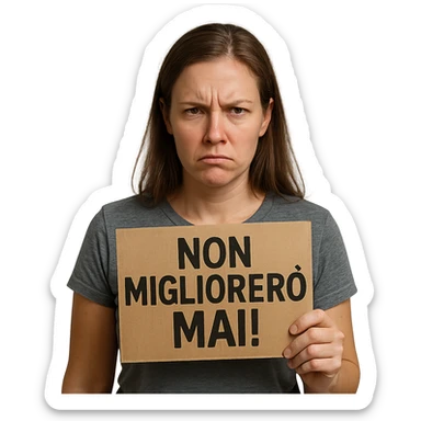 DONNA CHE TIENE UN CARTELLO IN MANO CON LA SCRITTA "NON MIGLIORERò MAI!", iperrealistico 4k sticker