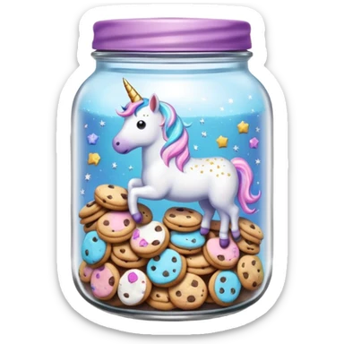 A sparkly pastel chewy chocolate chip unicorn cookie in an organized jar, saying "Cookie Jar" with some small illustrations on the jar to indicate there's cookies stored instead sticker