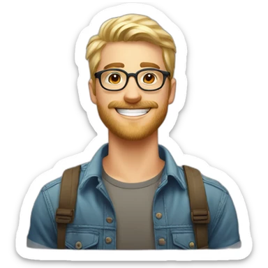 Handsome young man 25 years old short blond hair nice round glasses cool beard Light moustache funny big smile dimple on the side sticker