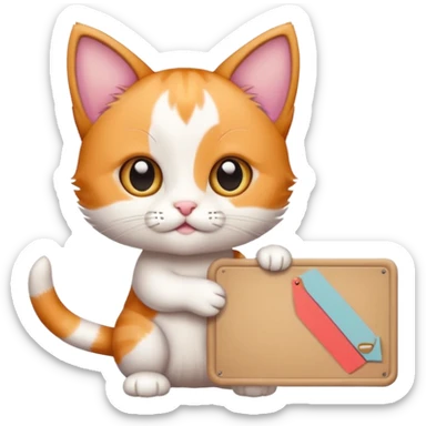 Cute cuddly calico kitten holding a large sign sticker