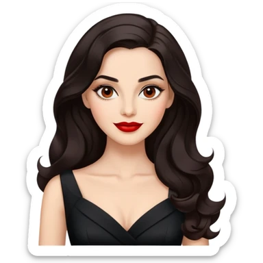 Distinguished actress with bright complexion, long dark hair with soft waves, large expressive dark eyes with classic makeup, defined brows, red lipstick, wearing elegant black dress, confident professional smile sticker