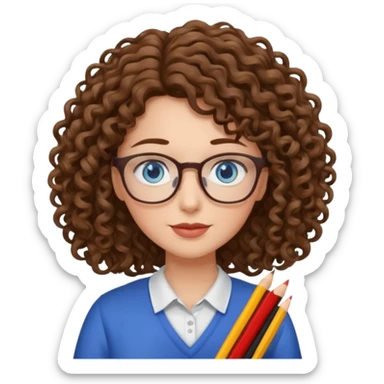 teacher blue eyes glasses curly brown hair long kind sticker