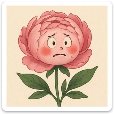 a pink peony flower with a plump body, red cheeks, nervous look sticker