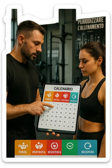 realistic cinematic photo a personal trainer and a client stand in a modern gym, reviewing a large, color-coded training calendar or chart on a tablet. The calendar shows different phases (Forza, Ipertrofia, Resistenza, Recupero) with icons and dates. Around them, gym equipment and motivational posters reinforce the idea of structured, periodized training. in italiano sticker
