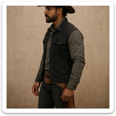 full body side view of a male cowboy with brown skin, brown eyes, medium musculature, beard and goatee, wearing a brown leather hat, gray shirt, black and gray jacket sticker