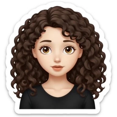 Aesthetic white girl with long curly hair color dark brown, hair most be in front of the shoulders (hair in front of the shoulders, less voluminous). Big almond shape eyes color brown, small wide nose, natural lips, sweet expression. Dressed with a cute tight top color black.  sticker