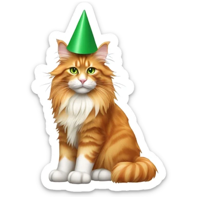 full body of orange maine coon cat with green eyes wearing a party hat with a pom-pom  sticker