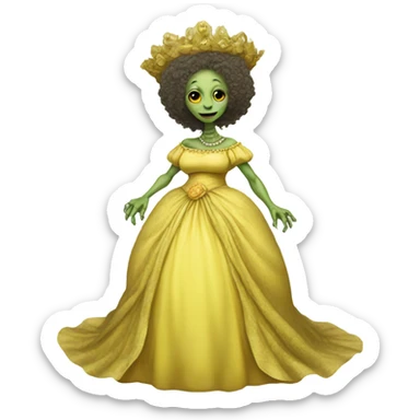 Pregnant reptilian alien woman, full body, in victorian jellow elegant dress, have a crown sticker