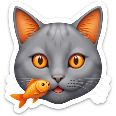 a grey cat eting an orange fish sticker