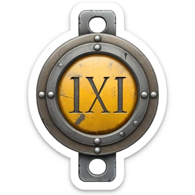 a steel badge with engraved roman numerals—looks battle worn sticker