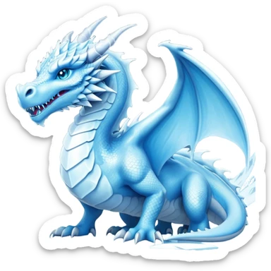 Cinematic Noble wise elegant Ice Dragon full body  Emoji, Poised and imposing, distinct long elegant snout, with a slender, scaled body shimmering in glacial hues of icy blue, frostbitten silver, and crystalline white, breathing out frost, with piercing, glowing ice blue white eyes that radiate the chilling depths of an arctic storm; rendered in detail. excuding wisdom sticker