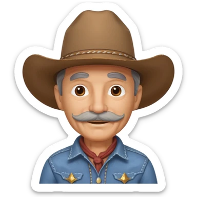cute old cowboy portrait, head and shoulders only, cowboy hat, grey mustache, wrinkles, warm smile, western outfit, 3D cartoon, mobile game icon style, clean background, no text, no watermark
 sticker