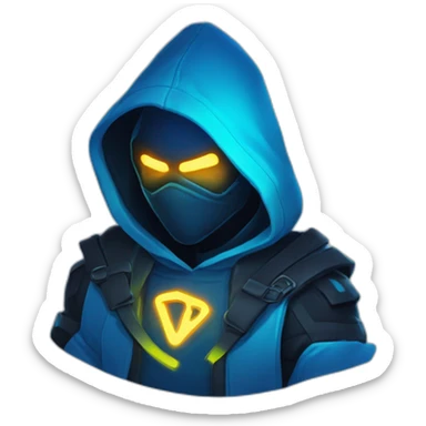 developer behind his laptop with this style : Riot Games Valorant neon glowing bright blue character blue black hooded assassin themed character sticker