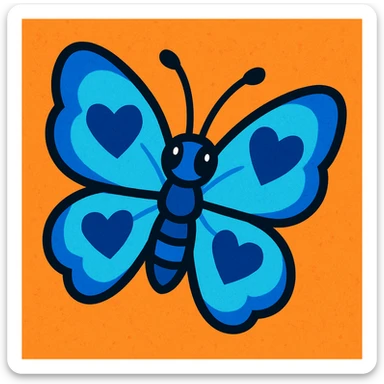 blue butterfly with blue hearts on its wings, vibrant toon style sticker