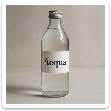 photo realistic glass water bottle with label 'Acqua' in Italian sticker