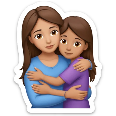 Hispanic mother hugging daughter with straight brown hair hugging sticker