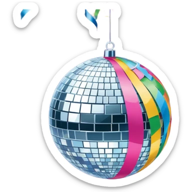 emoji: shiny disco ball with salesmail logo and streamers for New Year's sticker