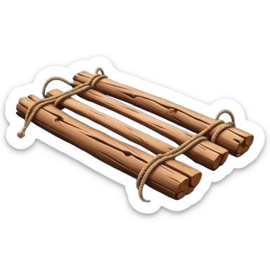 showing a simple wooden raft floating on calm blue water — made of several brown logs tied together with rope — gentle ripples around it — bright, cheerful lighting and soft shadows — minimalist, clean emoji design sticker