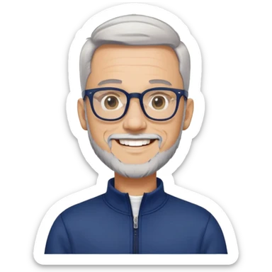 Light-skinned man with tight fade haircut (nearly shaved sides fading to very short on top), short graying beard, big black glasses frames, happy smile, navy blue zip-up sweatshirt with long sleeves sticker
