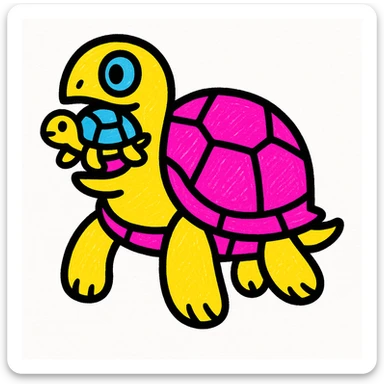 a stylized turtle with another turtle in its mouth, bold colors, pop colors style sticker