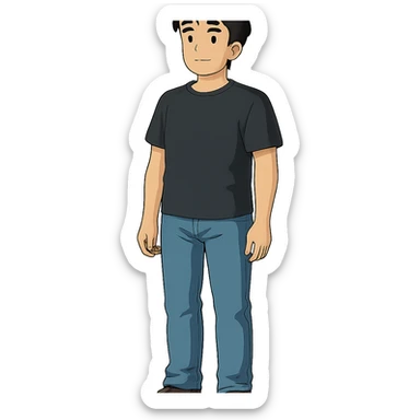 full-body man standing, black hair, wearing jeans and a black t-shirt, centered, transparent background, in Ghibli style sticker