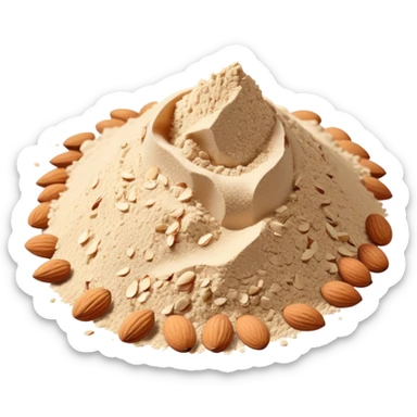 small pile of almond powder, finely ground, off-white to pale beige, grainy, uneven surface, soft lighting, subtle shadows, no bowl, no utensils, no faces, transparent background, emoji scale sticker