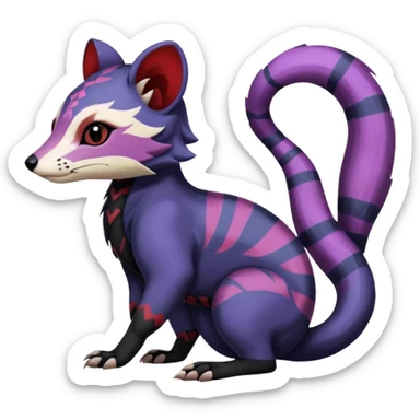 Rare warm-colored exotic gloomy tropical edgy cute epic aesthetic spooky indigo purple white black red gothic colorful Salandit-Furret-Civet-species-Fakemon-hybrid-creature, with tribal tattoo markings, full body sticker