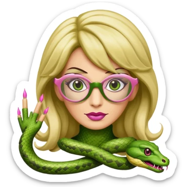 please create a snake with a bitchy evil face wearing a dark blonde wig and pink pointy nails and squared frame golden glasses sticker