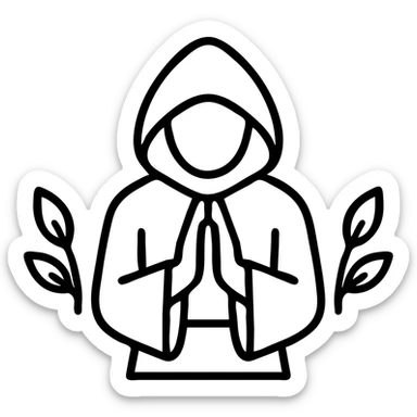 minimalist icon of a hooded monk in prayer with hands together, no face, wearing a robe with loose sleeves, two symmetrical leaves on each side, line art in earthy brown tones on light parchment background, logo style Monachus, icon style sticker