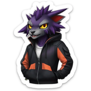 Cool Anthro Black Noivern-Absol-Litten-Pokémon with edgy stripes hoodie spiked collar punk Full Body sticker