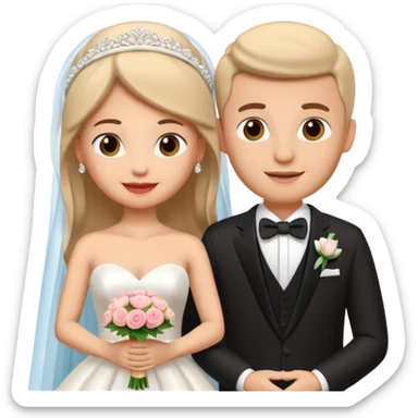 A 3D cartoon wedding advertisement poster hanging on a wall, with bride and groom illustration, visible border, flat lighting, Memoji-style. sticker