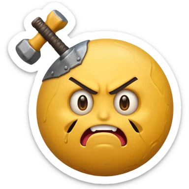standard yellow emoji sphere with furious and dumb expression gripping a sledgehammer sticker