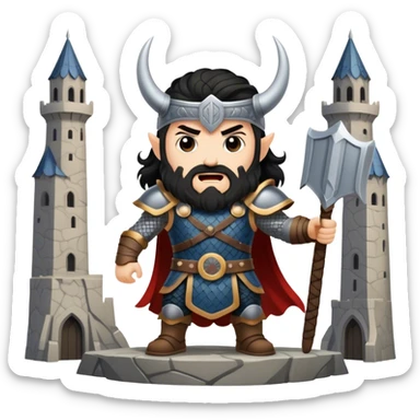 vikingo con armadura de Asgard, pelo negro ondulado, de pie, grito de guerra en torre de Asgard. sticker