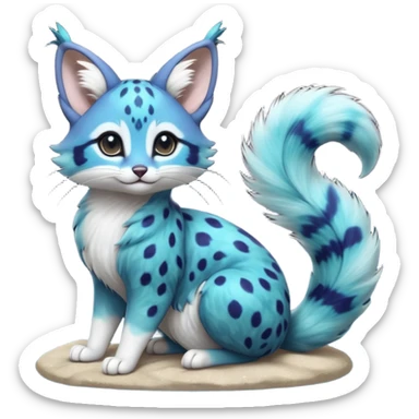 Hyper realistic  galaxy-swirl indigo-teal fur scattered with star-salt sparkle grains beautiful elegant pretty precious cute  Fakémon-Pokémon-opossum-feline-serval-caracal-chinchilla-Furret-Minccino-hybrid-creature with a big fluffy bushy tail (full body) sticker