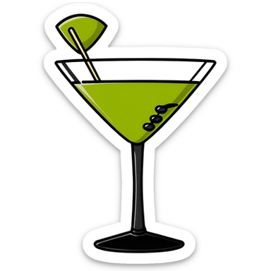 martini glass with completely colorless transparent liquid like pure water, with a green olive at the bottom skewered by a toothpick sticker
