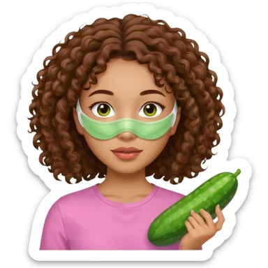 lightskin girl with green skincare facemask and cucumbers and brown curly hair and a pink shirt  sticker