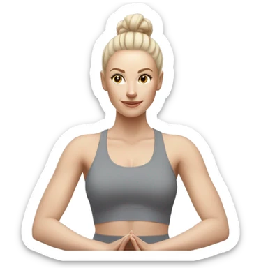 Pale skinned fit woman In a gray tight yoga suit and wristbands With ash blonde hair in a bun doing yoga sticker