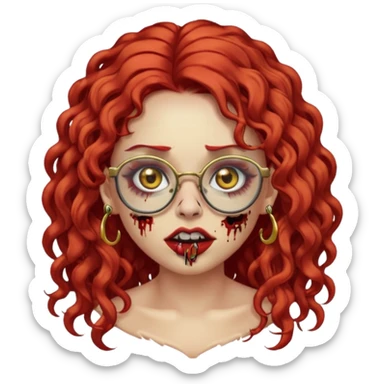 zombie girl emoji with long red curly hair, thick lashes, black glasses, gold nose piercings on each nostril, and a gold eyebrow piercing. sticker