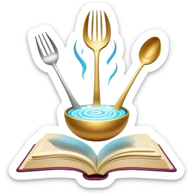 Ethereal floating cookbook with luminous aura, mystic fork and spoon symbol on cover radiating with magical energy, recipe collection sticker