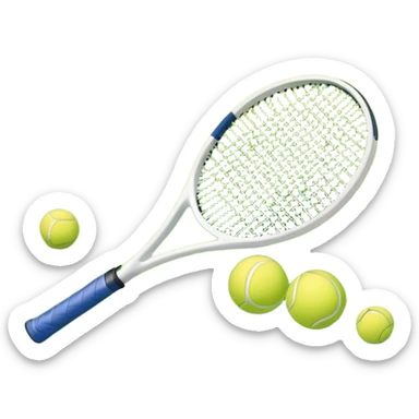 A tennis racket and ball positioned on a grass court, with the net and lines clearly visible in the background. The scene emphasizes the classic elements of the sport, capturing the energy and precision of a tennis match. sticker