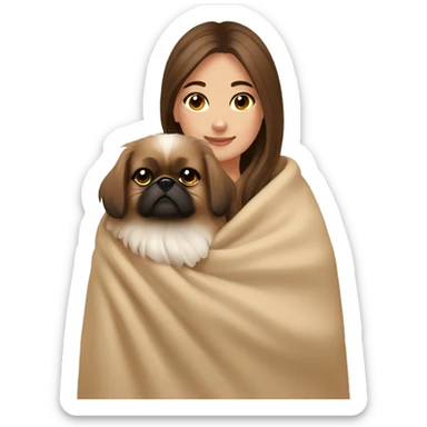 A Women with brown hair is cradling her Pekingese in a beige blanket sticker