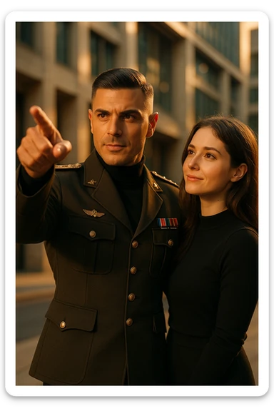 A confident man standing in front of a woman, gently pointing forward with a clear direction, showing leadership and confidence, the man is dressed sharply like a commander, the woman looks at him with trust, warm sunlight, cinematic lighting, high-resolution, realistic details, elegant urban background, depth of field, 50mm lens look. sticker