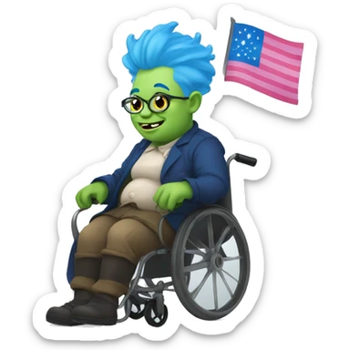 fat gay ugly goblin barista in a wheel chair. trans flag background . blue hair sticker