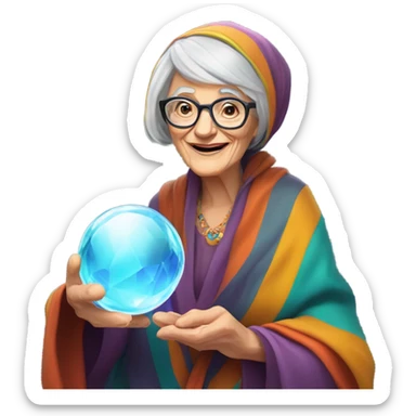 Wise Old Lady Fortune teller with crystal ball looking into the camera smiling sticker