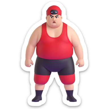 Close-up of white skin fat guy with prominent black durag, completely shaved face, no beard or mustache, black eyes in a red and black wrestling singlet with angry face sticker