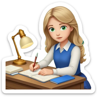 a girl with dark blonde hair and green-blue eyes writing a novel at her desk in the woods sticker