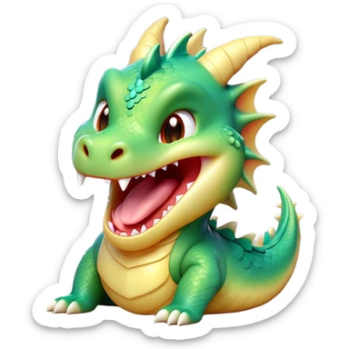 Cinematic Cute Yawning Dragon Portrait Emoji, Head tilted slightly with a dramatic, wide-open yawn, showcasing a soft, lustrous scaled body with gently drooping fins and half-closed, drowsy eyes, Simplified yet irresistibly adorable features, highly detailed, glowing with a soft, cozy mythical glow, high shine, relaxed yet expressive, stylized with a dash of fantastical charm, soft glowing outline, capturing the essence of a sleepy yet affectionate dragon that seems ready to stretch out and rest in its enchanted lair! sticker
