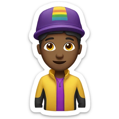 Black gay man with yellow jacket and purple hat sticker